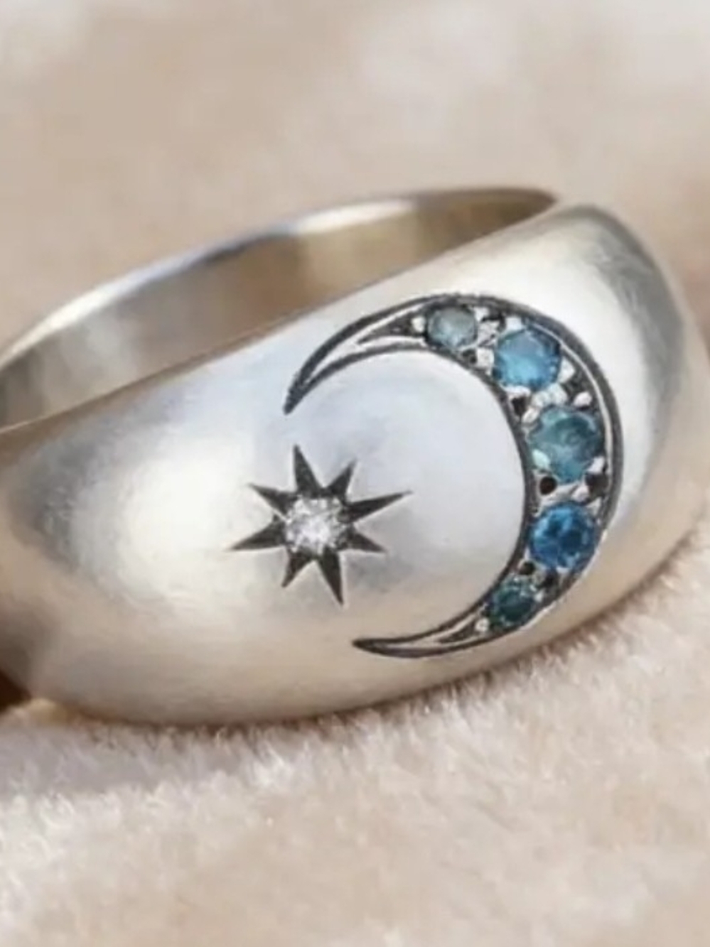 NWOT Sterling Silver Moon & Star Ring with Blue Gemstones